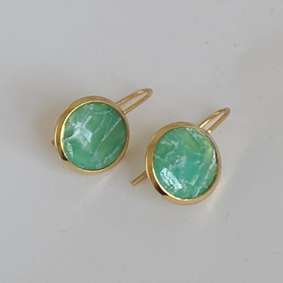 Hand Crafted Boho Gold Green Jade Gemstone Circle Drop Dangle Earrings - Picture 9 of 10